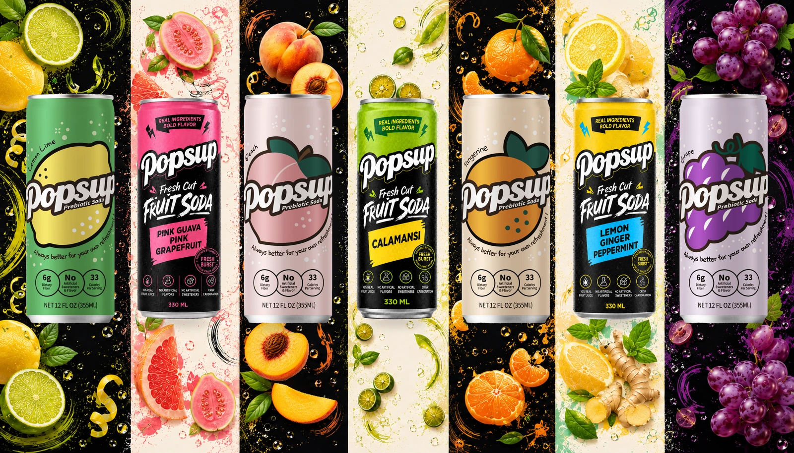 All seven POPSUP cans across Prebiotic Soda and Fresh Cut Fruit Soda.