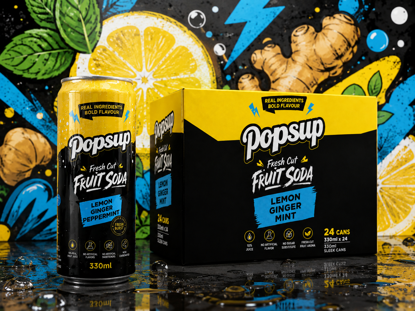 Lemon Ginger Peppermint Fresh Cut Fruit Soda can with its 24-can carton.