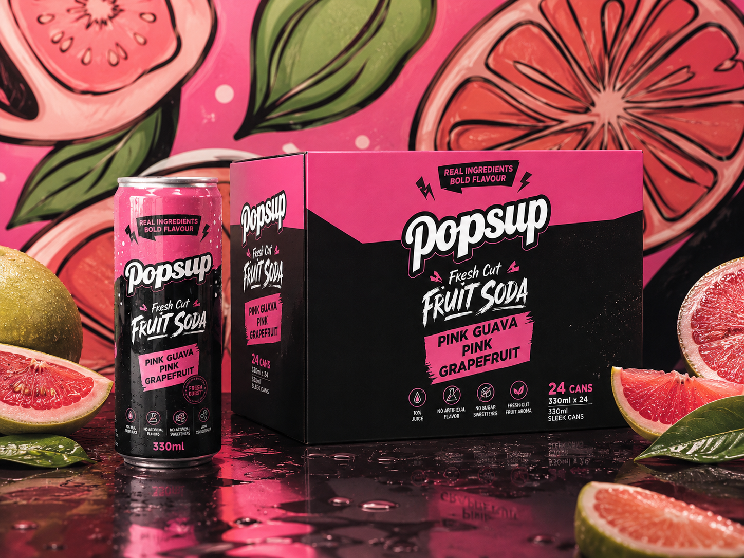 Pink Guava Pink Grapefruit Fresh Cut Fruit Soda can with its 24-can carton.