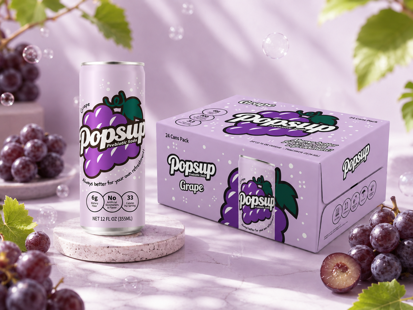 Grape Prebiotic Soda can with its 24-can carton.