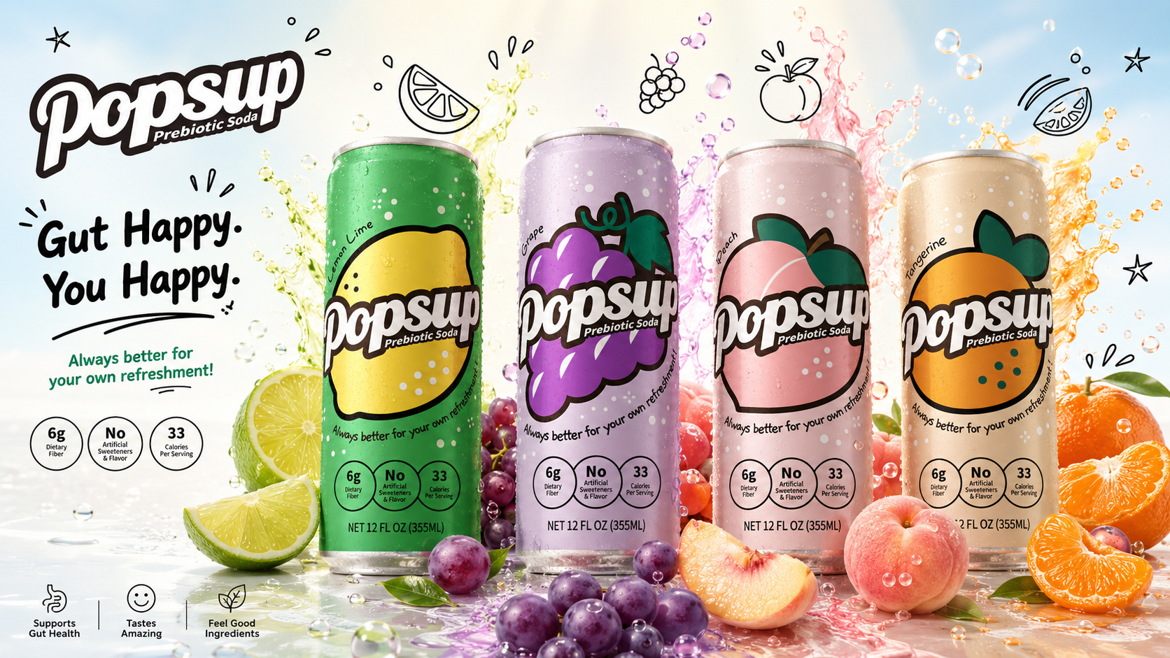 All four POPSUP Prebiotic Soda cans with fruit, splashing bubbles, and joyful brand details.