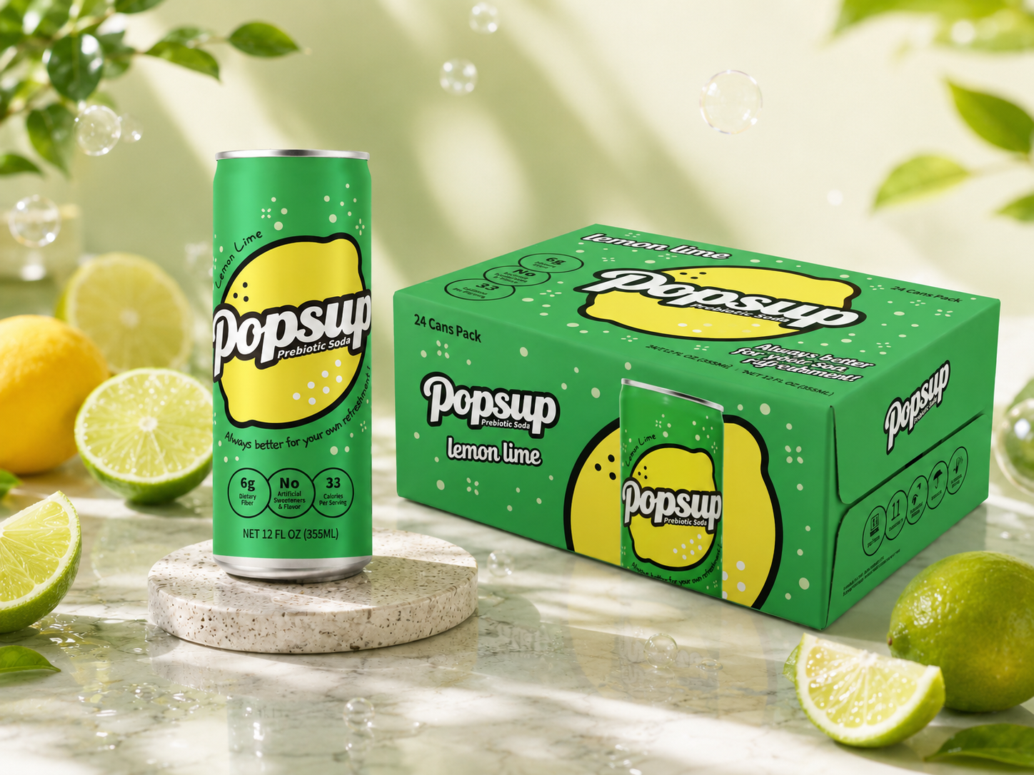 Lemon Lime Prebiotic Soda can with its 24-can carton.