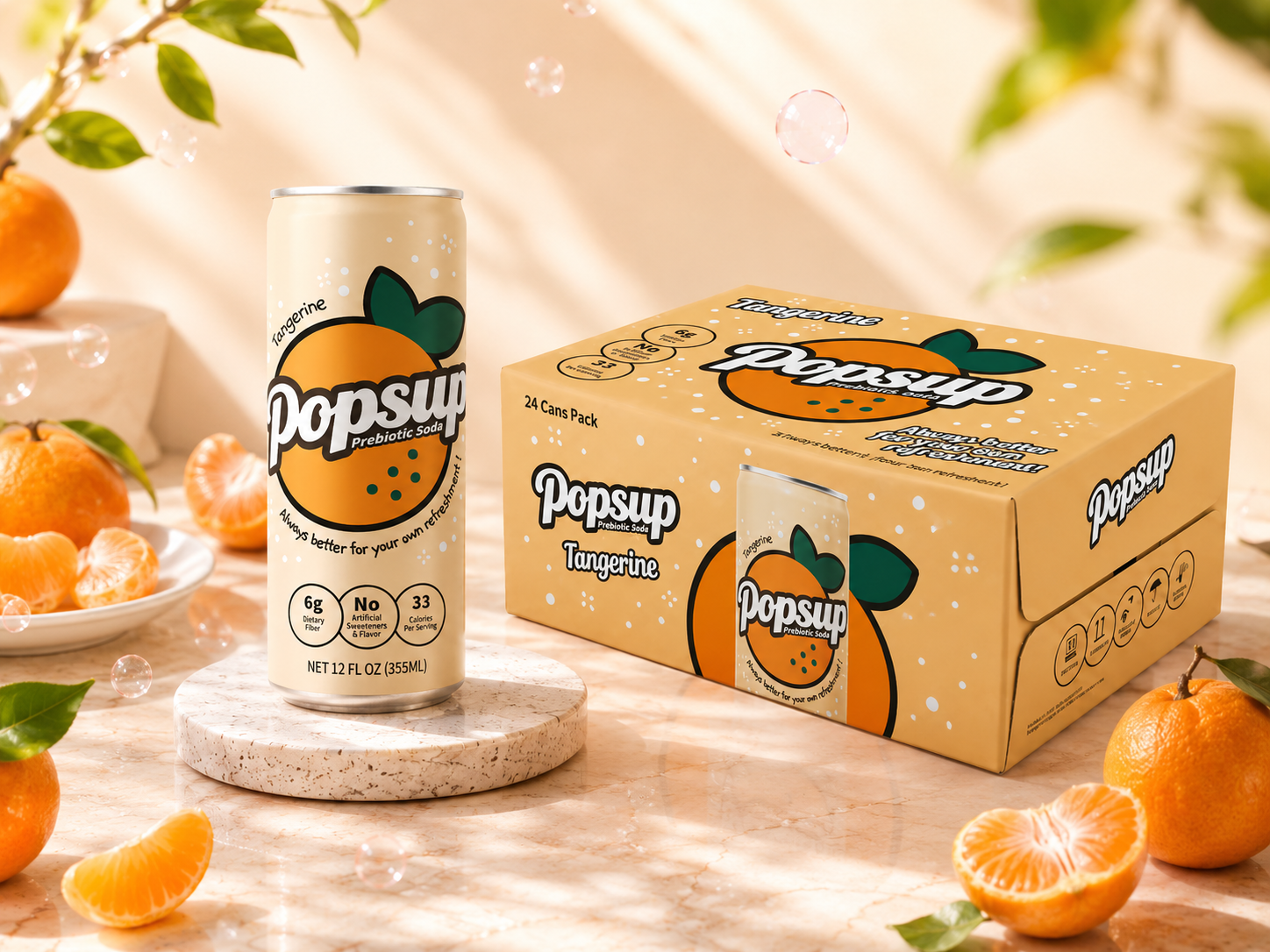 Tangerine Prebiotic Soda can with its 24-can carton.