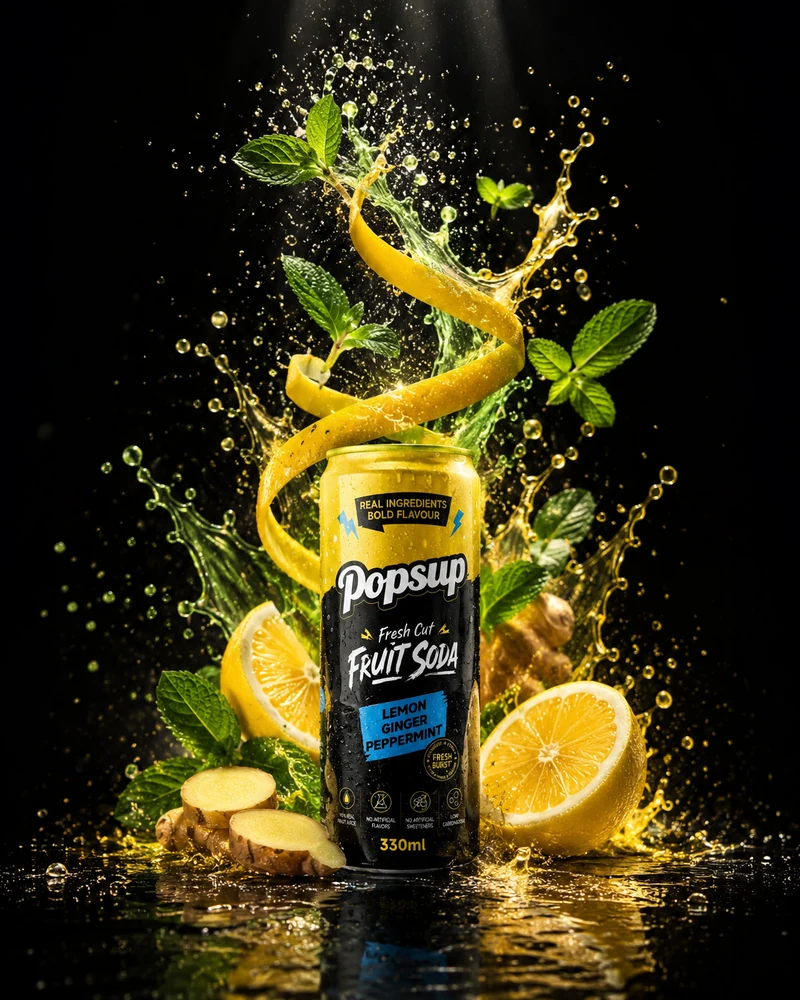 POPSUP Fresh Cut Lemon Ginger Peppermint with lemon, ginger, peppermint, and lively bubbles.