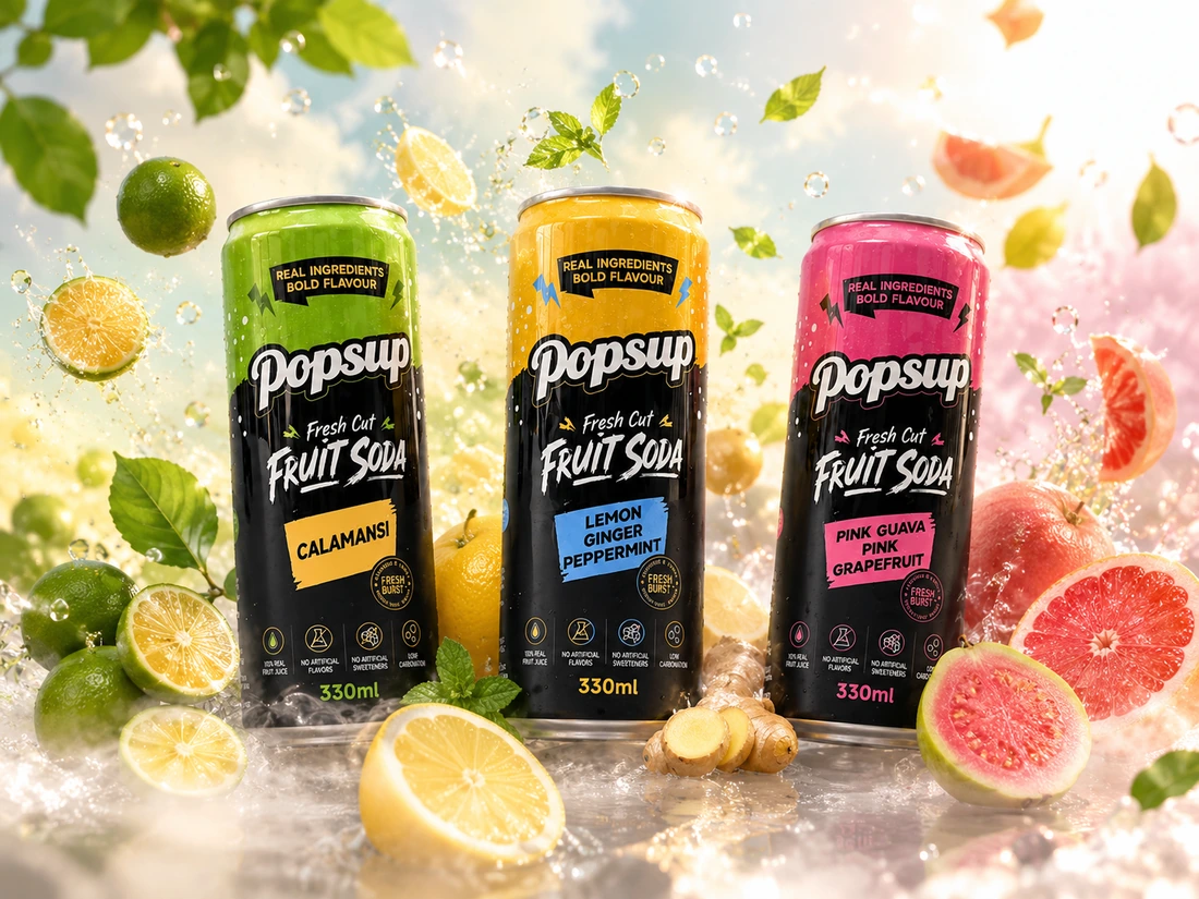 Three POPSUP Fresh Cut Fruit Soda cans surrounded by calamansi, lemon, ginger, guava, grapefruit, fresh leaves, and lively bubbles.