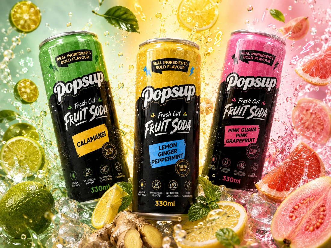 POPSUP Fresh Cut Lemon Ginger Peppermint, Pink Guava Pink Grapefruit, and Calamansi hero composition.